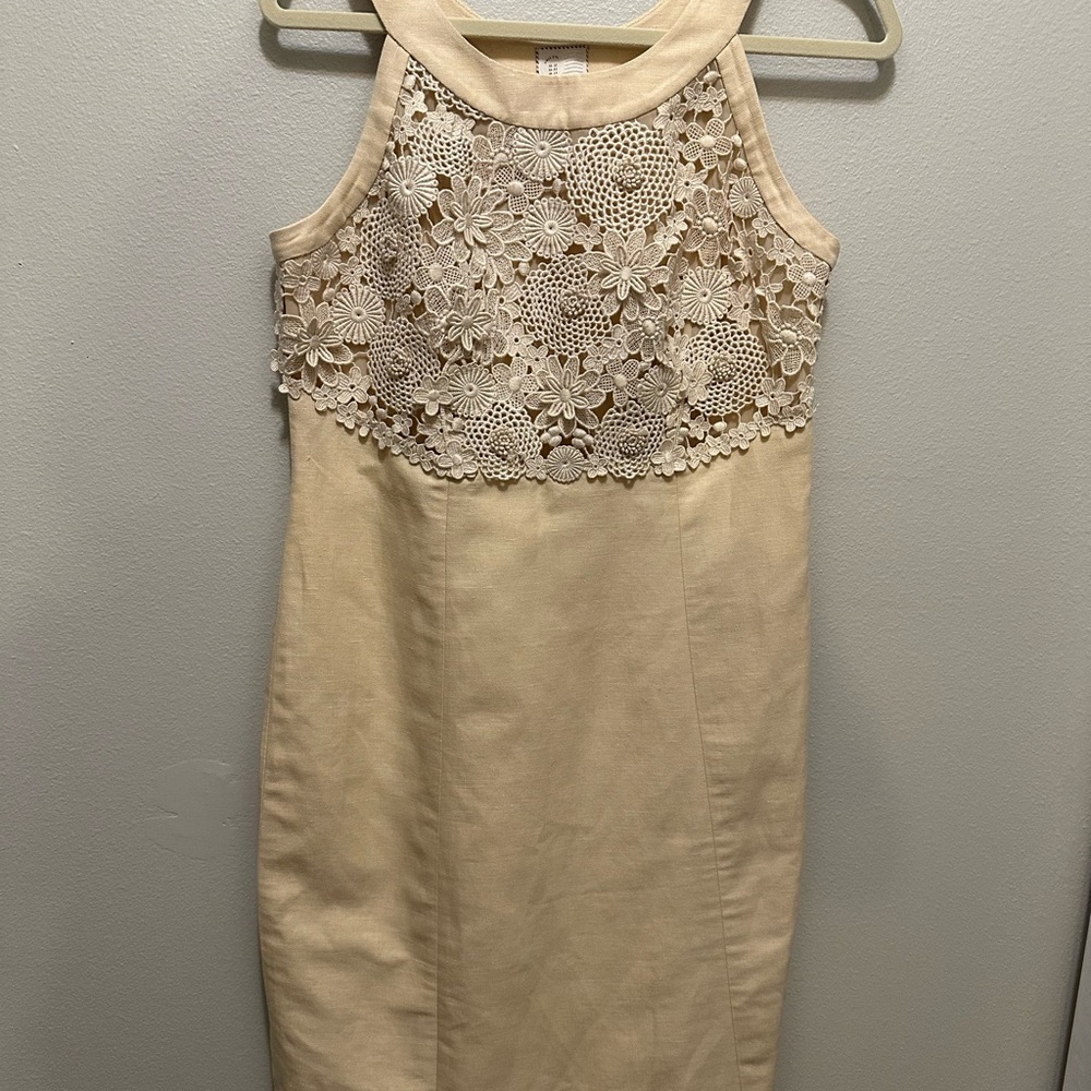 Anthropologie Postage Stamp Oleander crochet Linen Sheath Dress Size 10 Cream - Picture 3 of 14